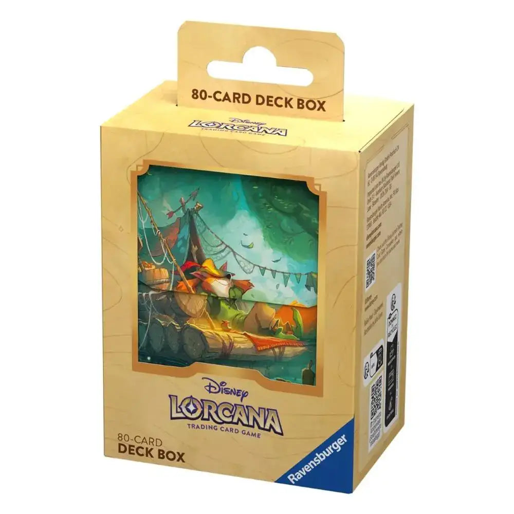 Disney Lorcana Robin Hood deck box securely stores 80 sleeved cards, durable and portable