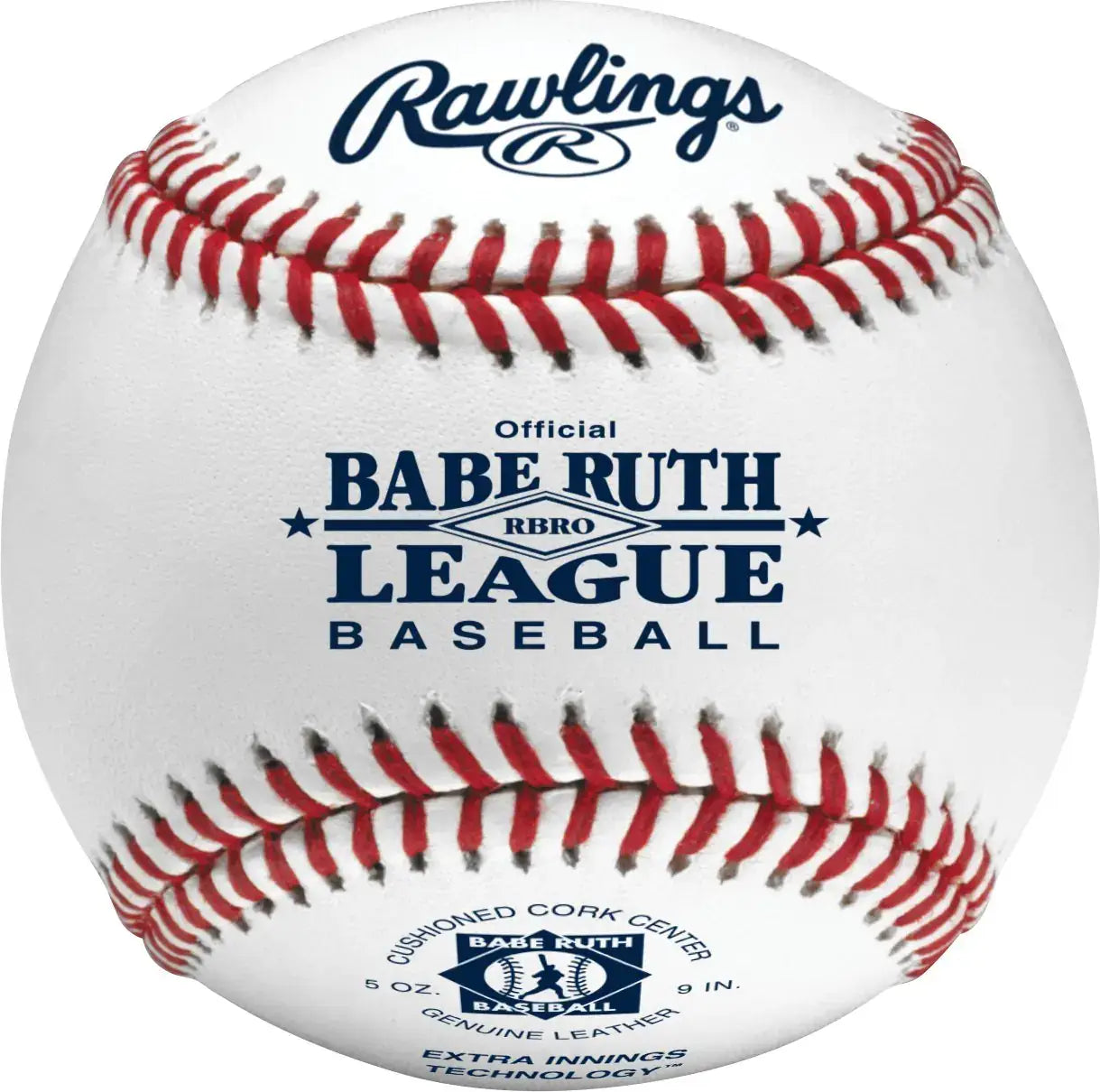 White Babe Ruth League baseball with red stitching from Rawlings Tournament Grade RBRO