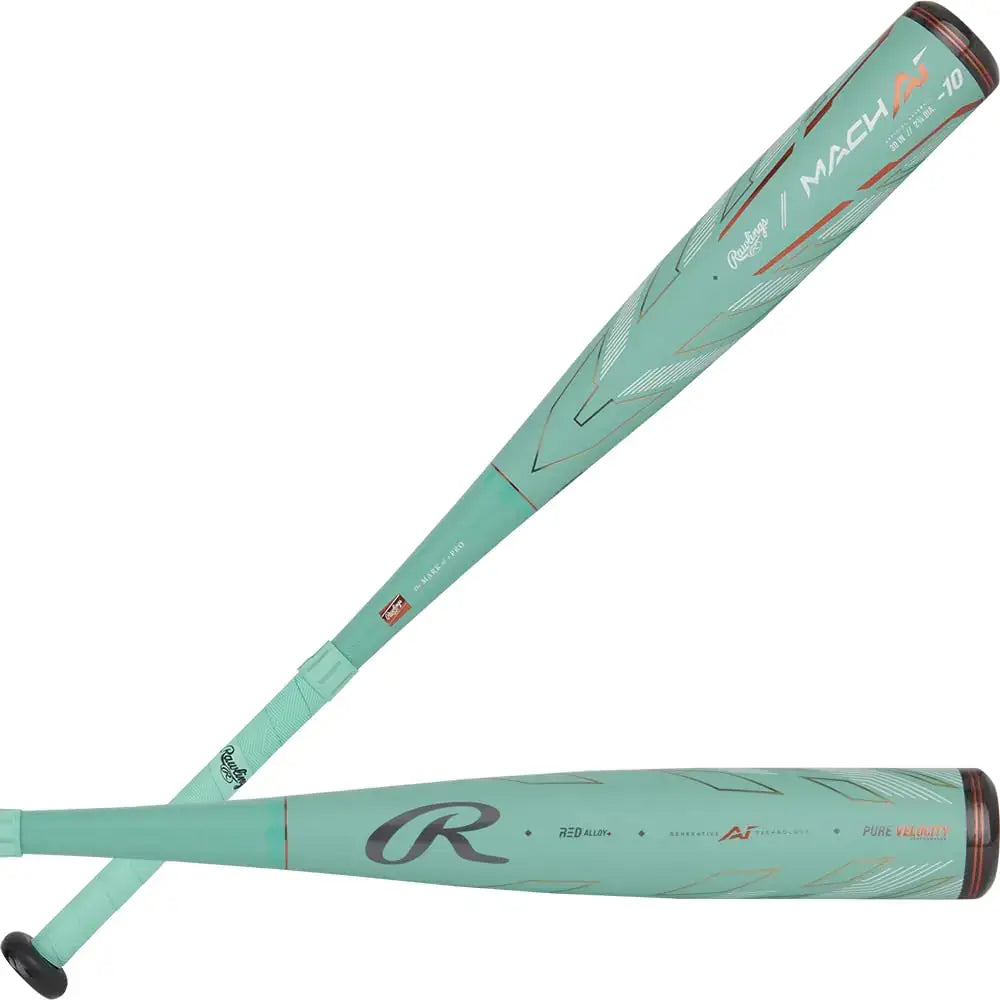 Light-green Rawlings Mach AI baseball bats with optimal swing weight for players