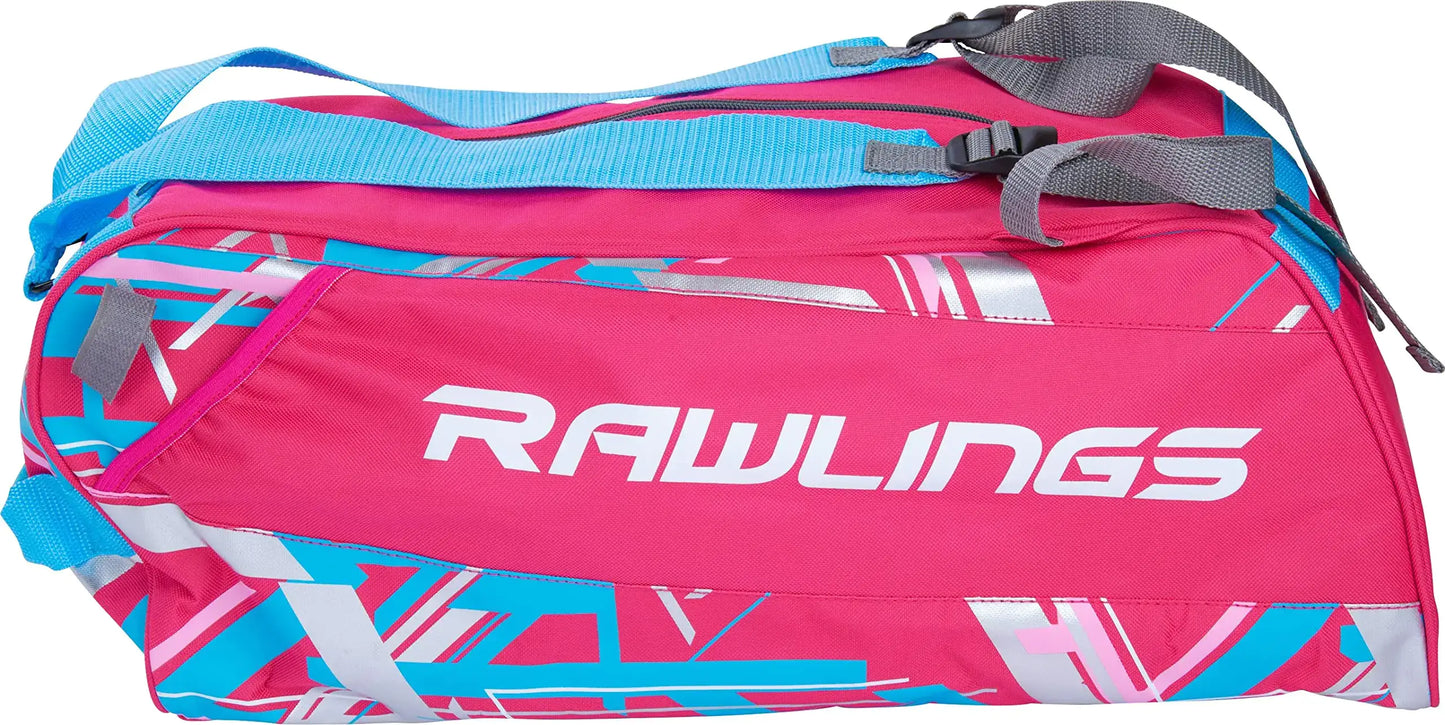 Pink and blue Rawlings REMIX Duffel Bag with large main compartment for Baseball Softball