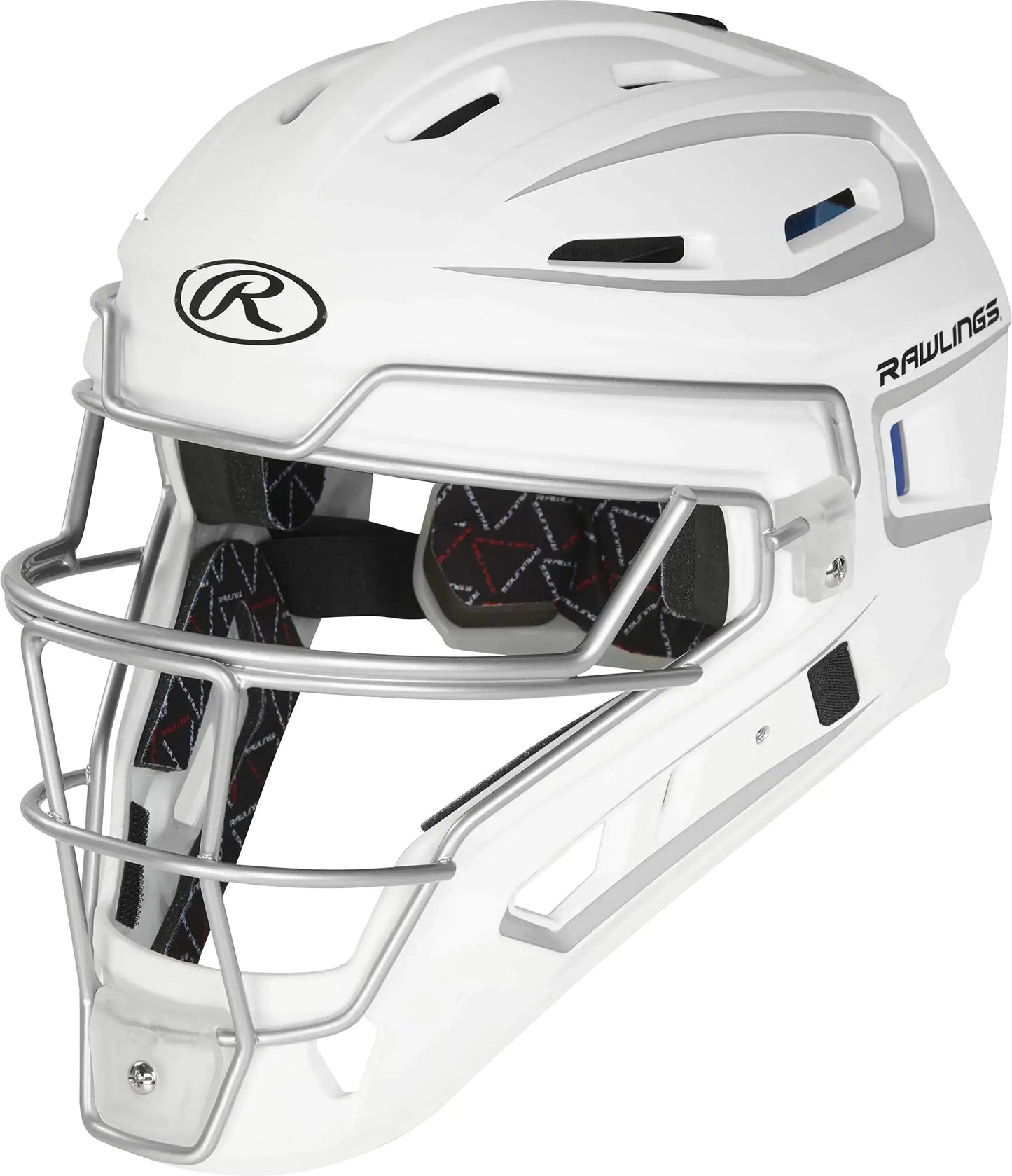 White Rawlings VELO catchers helmet for juniors, durable baseball protection