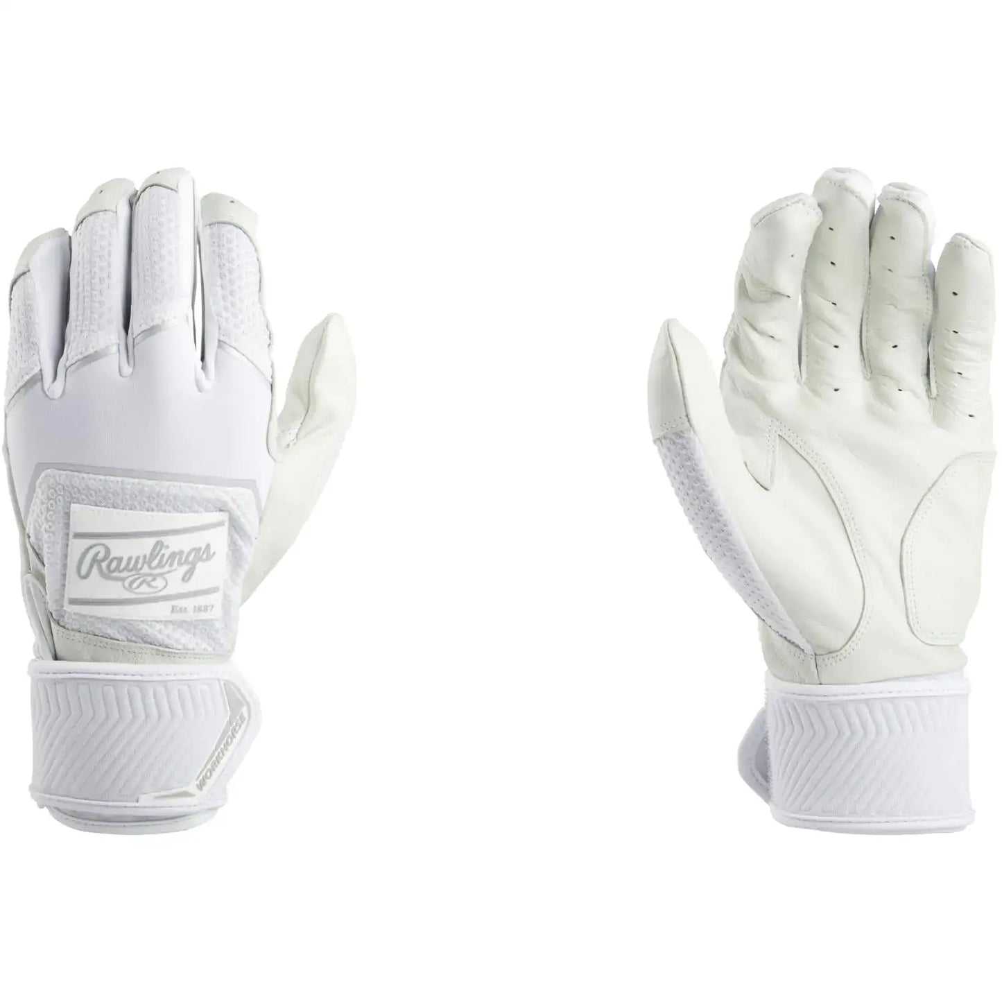 White Rawlings Womens Workhorse batting gloves with compression strap for fastpitch softball