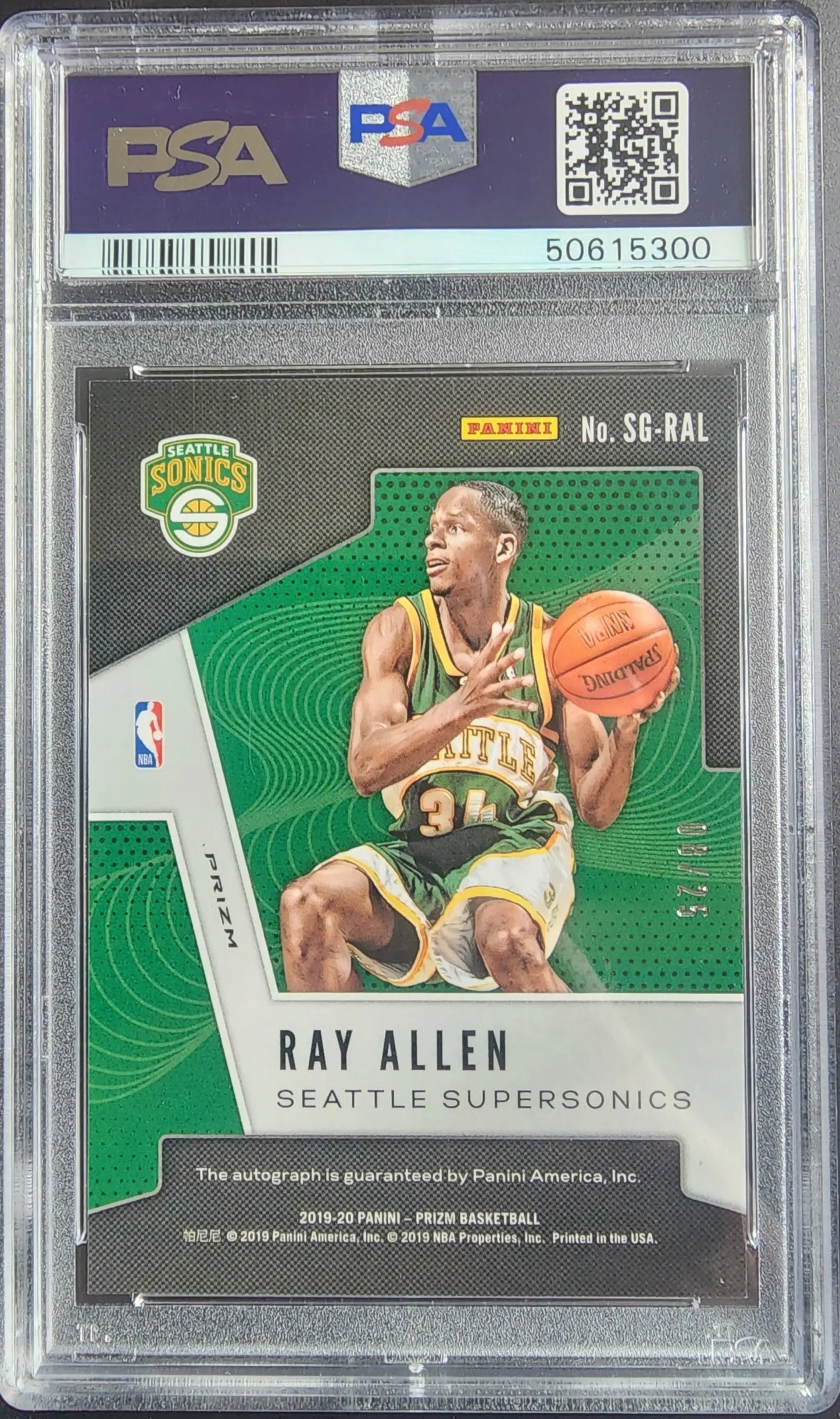 Graded Ray Allen basketball trading card with green shimmer auto from 2019 Prizm Sensational Signatures