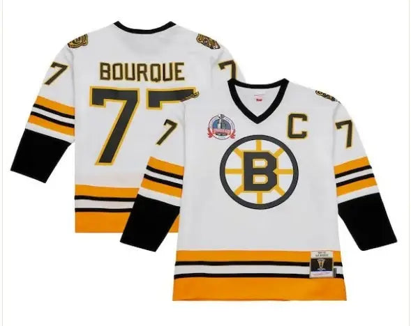 Boston Bruins hockey jersey featuring Ray Bourque Captain Patch from 1989/90 Blue Line Player Jersey