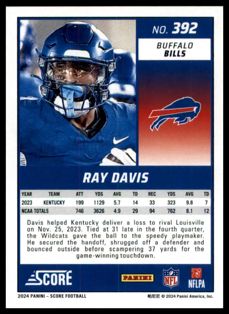Ray Davis football card from the Ray Davis Rookie 2024 Score #392 Buffalo Bills collection