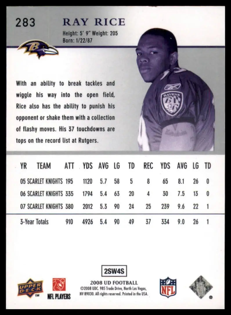 Back of 2008 Upper Deck Ray Rice football card with college career stats