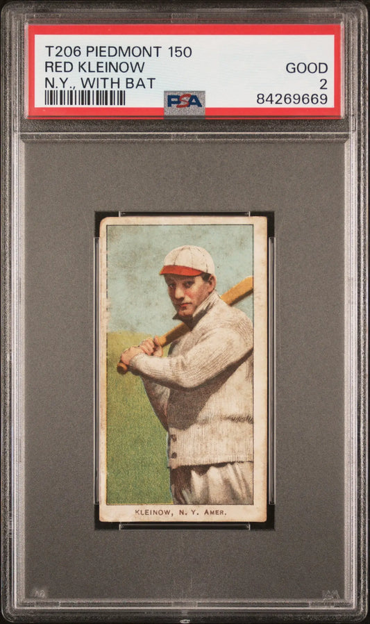 PSA-graded T206 Piedmont 150 Red Kleinow baseball card with bat in batting stance