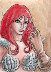 Illustration of a woman with red hair in a metallic top from Red Sonja Sketch Card by Newton Barbosa