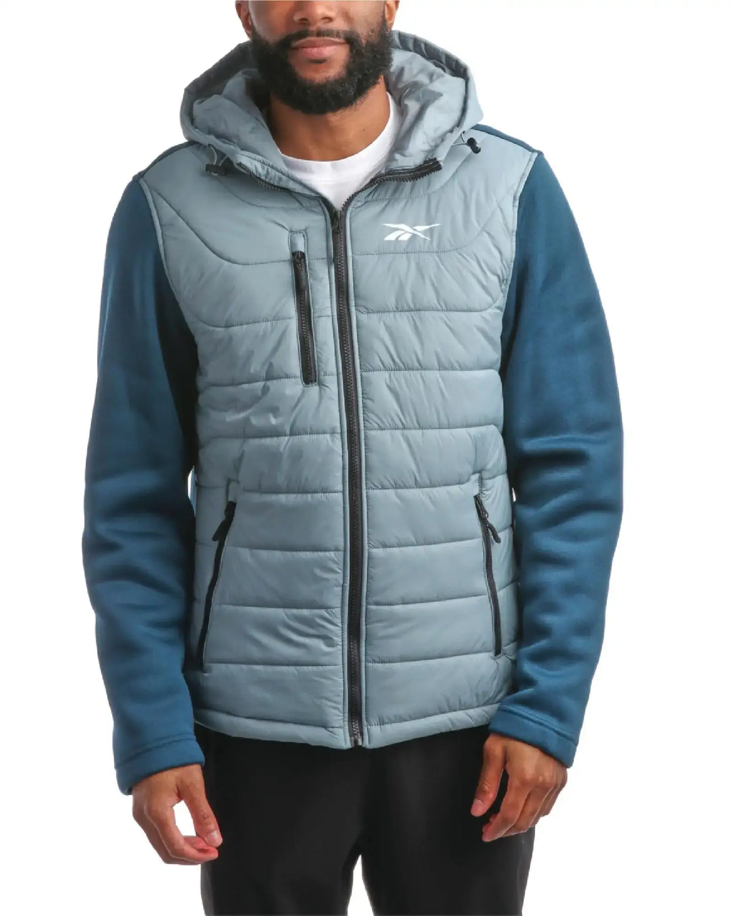Reebok Mens quilted puffer jacket with knit sweater fleece sleeves, hooded outdoor bomber