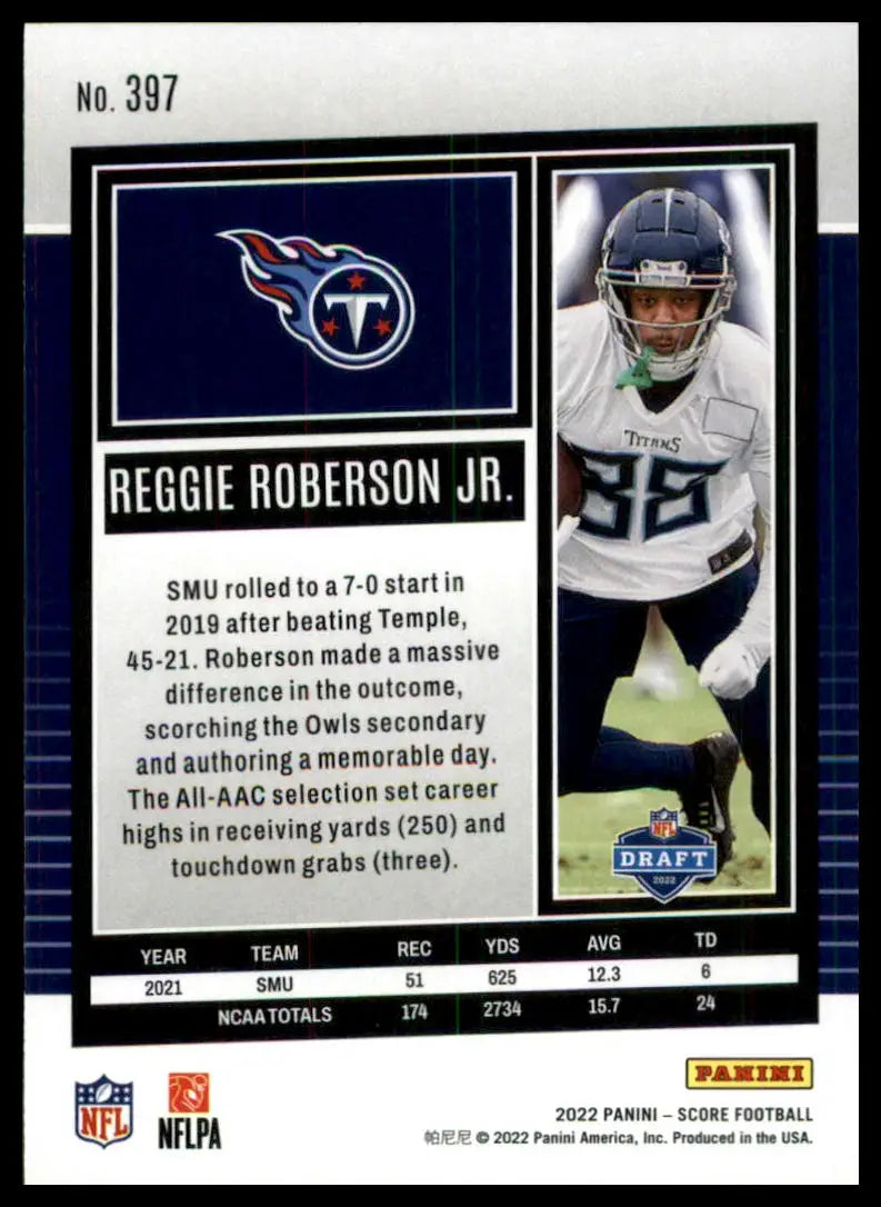 Reggie Roberson Jr football card from 2022 Score Rookie series featuring Tennessee Titans