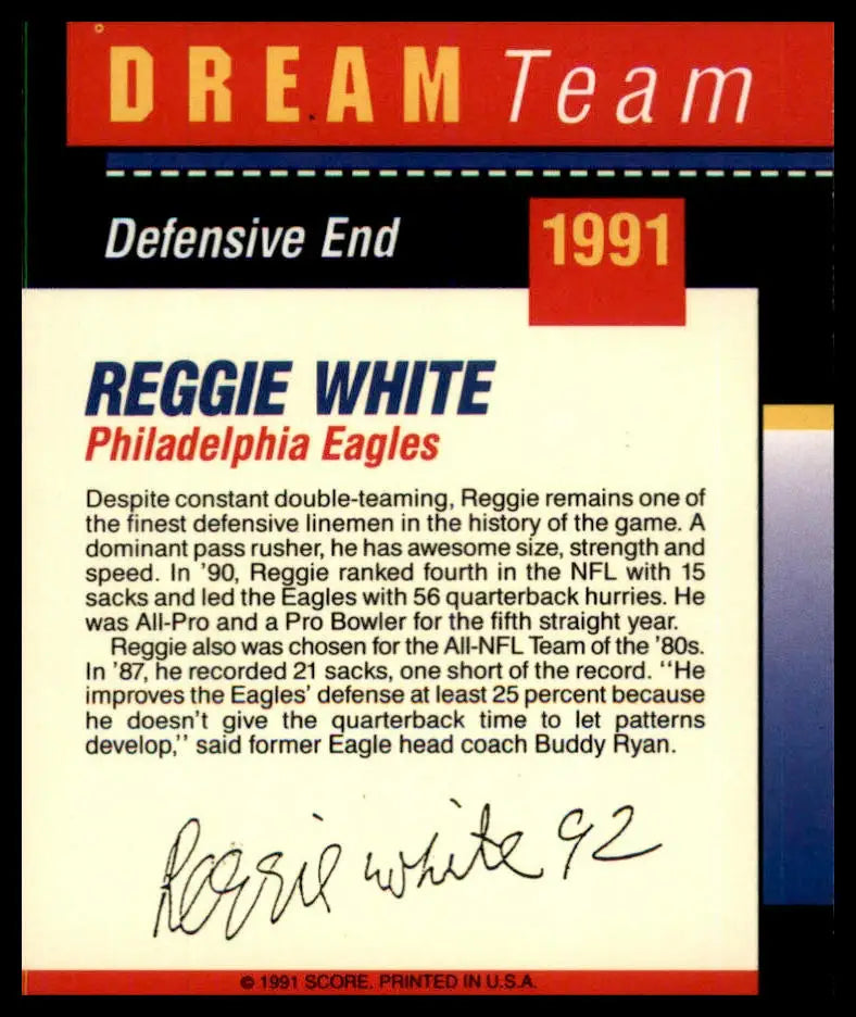 Reggie White football card from 1991 Score #344 featuring Philadelphia Eagles player