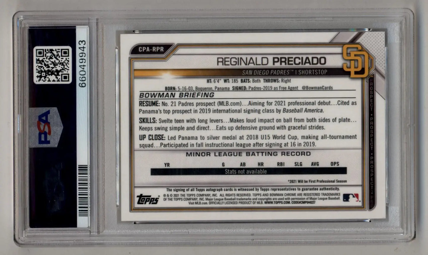 Reginald Preciado 2021 Bowman Chrome Prospects Gold Refractor Auto 45/50 PSA 10 Gem Mint Auto 10 - Singles