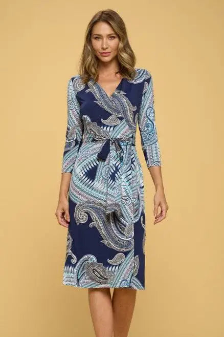 Women’s navy blue jersey wrap dress with paisley print and tie waist, perfect wrap dress