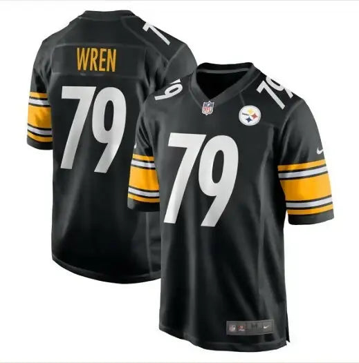 Black Pittsburgh Steelers Nike Game Jersey with WREN and 79 in yellow and white lettering