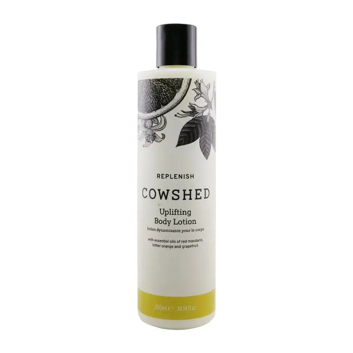 White bottle of Cowshed Replenish Uplifting Body Lotion with black cap