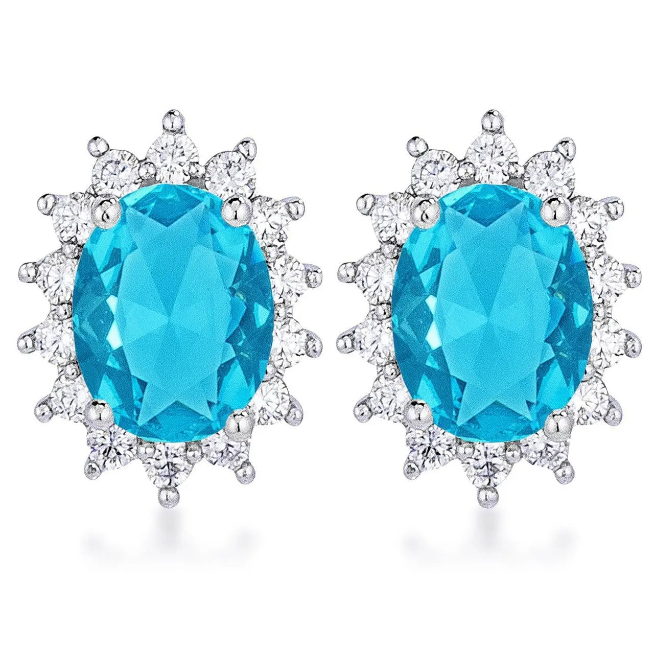 Rhodium Plated Aqua Blue Petite Royal Oval Earrings - Earrings