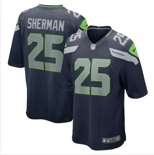 Dark blue Richard Sherman Seattle Seahawks Nike retired game jersey with SHERMAN and 25 in grey and lime green