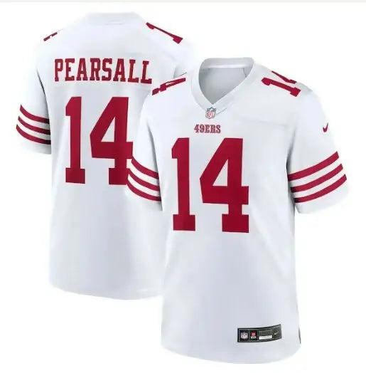 White Ricky Pearsall San Francisco 49ers Nike game jersey with red numbers and lettering