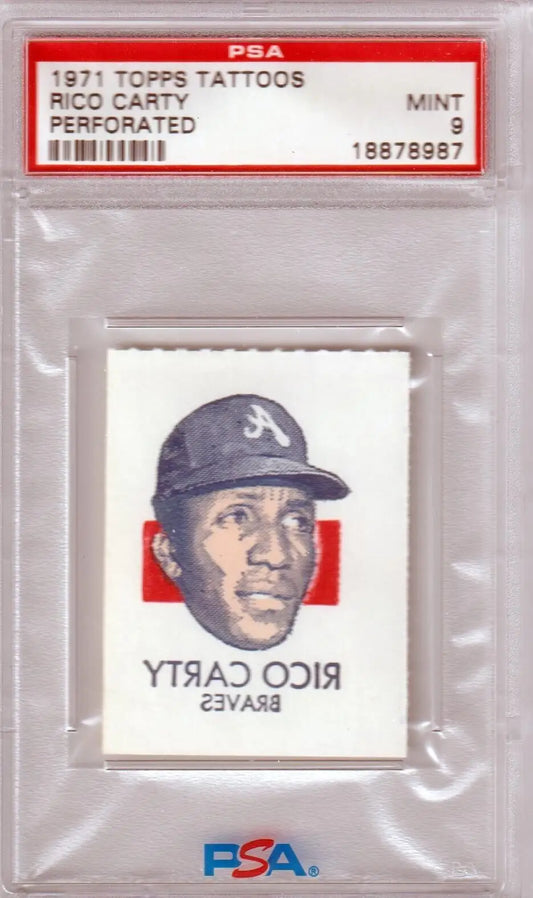 Graded 1971 Topps Tattoos PSA Rico Carty tattoo card by Columbia Hobby in mint condition