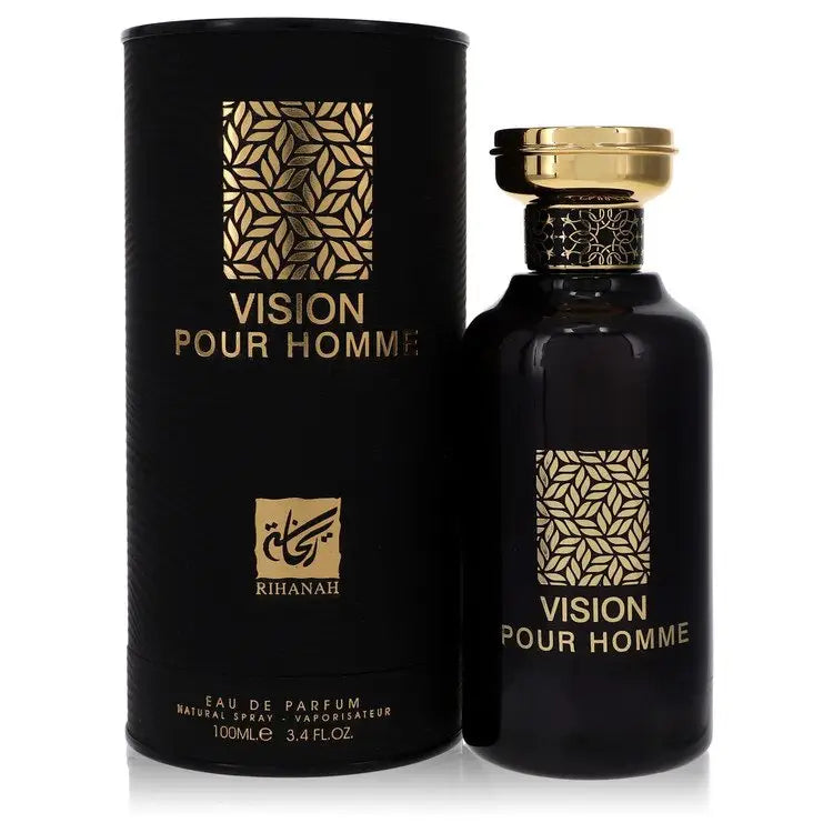 Black and gold Rihanah Vision Pour Homme fragrance bottle with packaging for Rihanah Vision Pour
