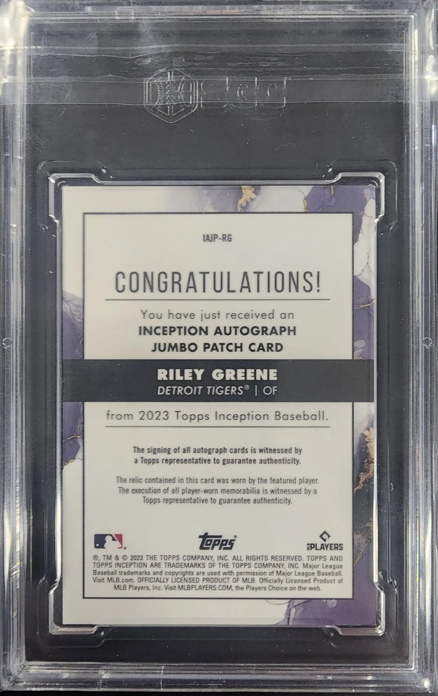 Riley Greene 2023 Topps Inception auto patch blue trading card with autograph and patch blue design