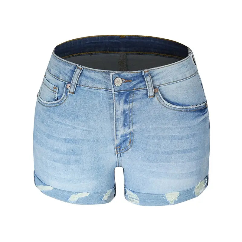 Ripped high waisted light-wash denim shorts with rolled cuffs and distressed details