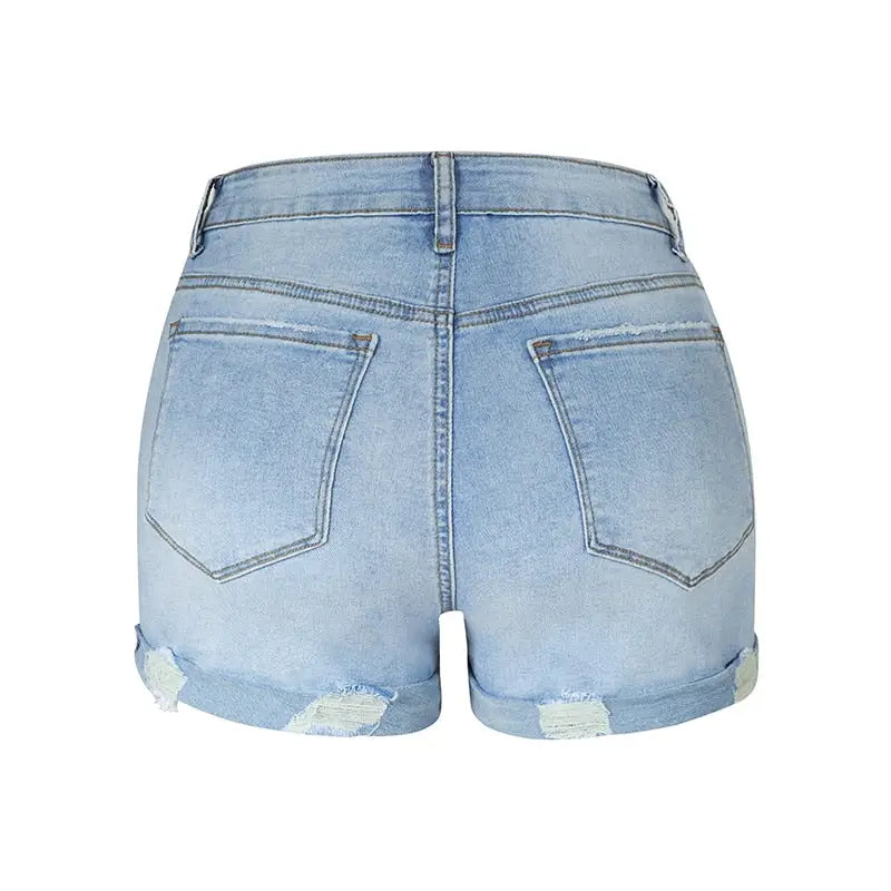 Light-wash distressed ripped high waisted denim shorts with cuffed hems and back pockets