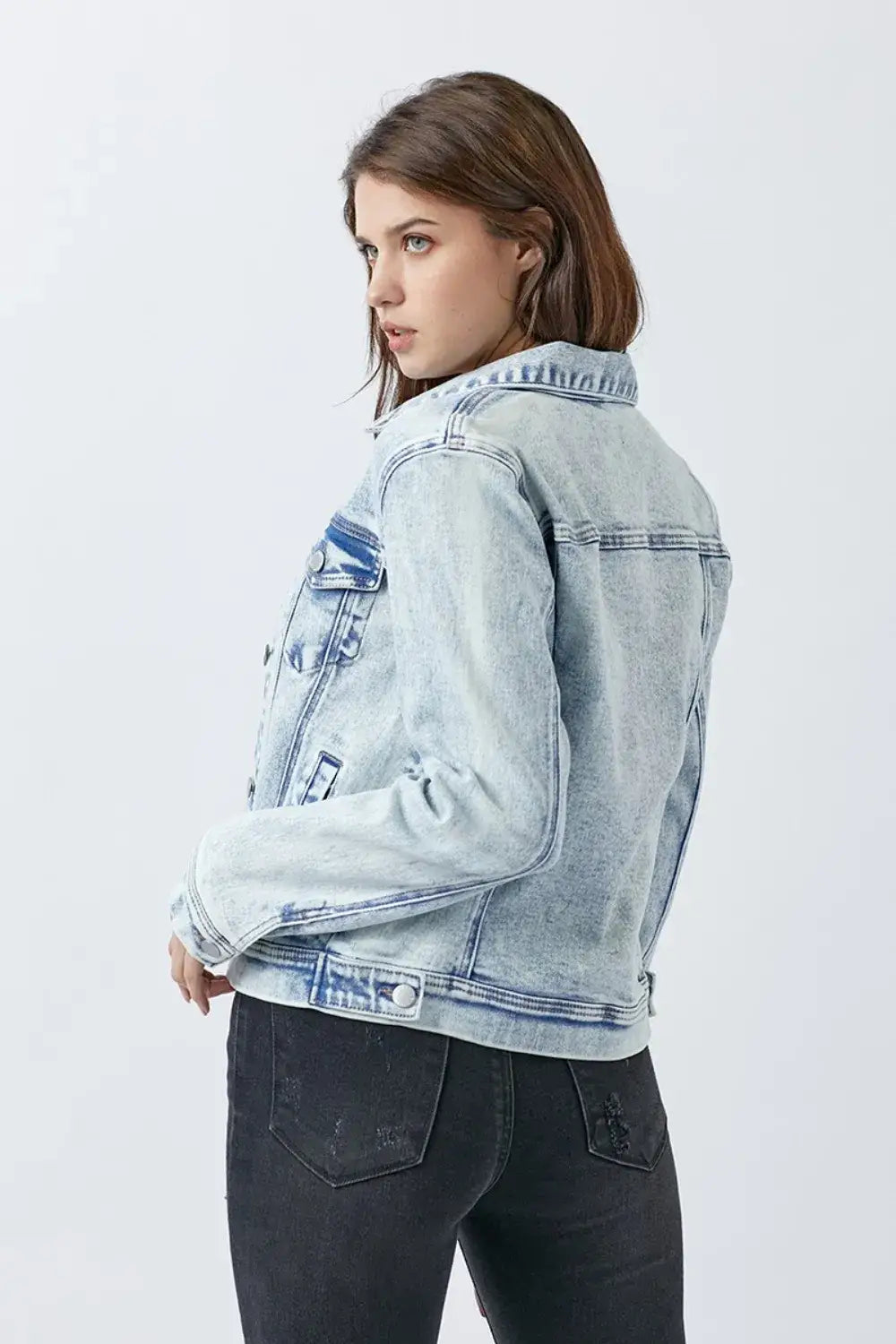 Light wash denim jacket from RISEN, stylish washed denim jacket for a casual look