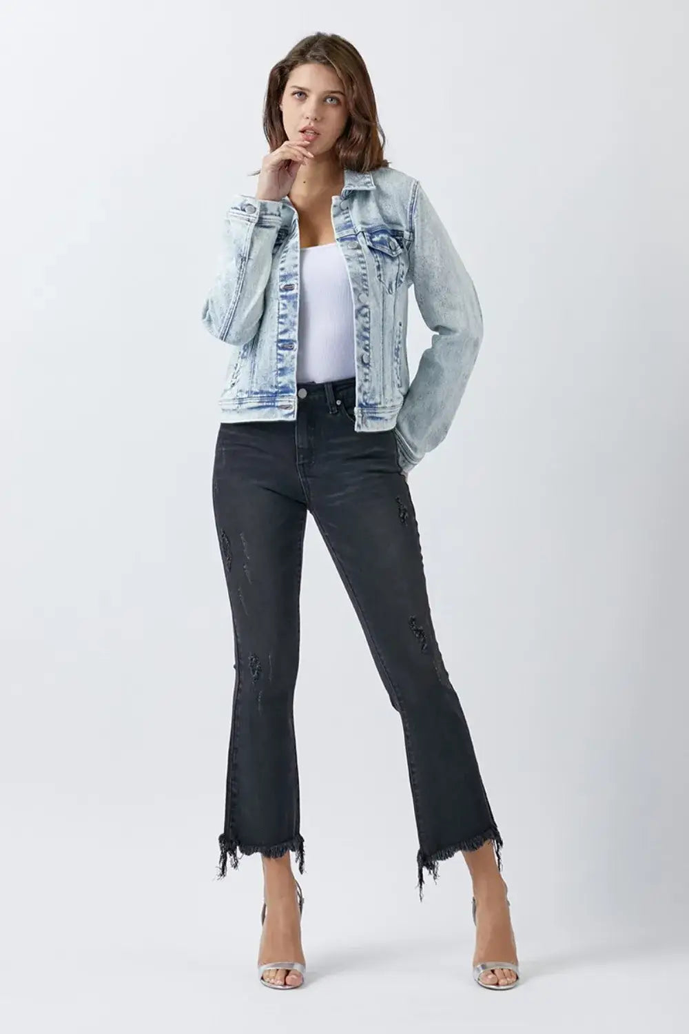 Women’s light wash denim jacket RISEN Button Up Washed Denim Jacket for a stylish look