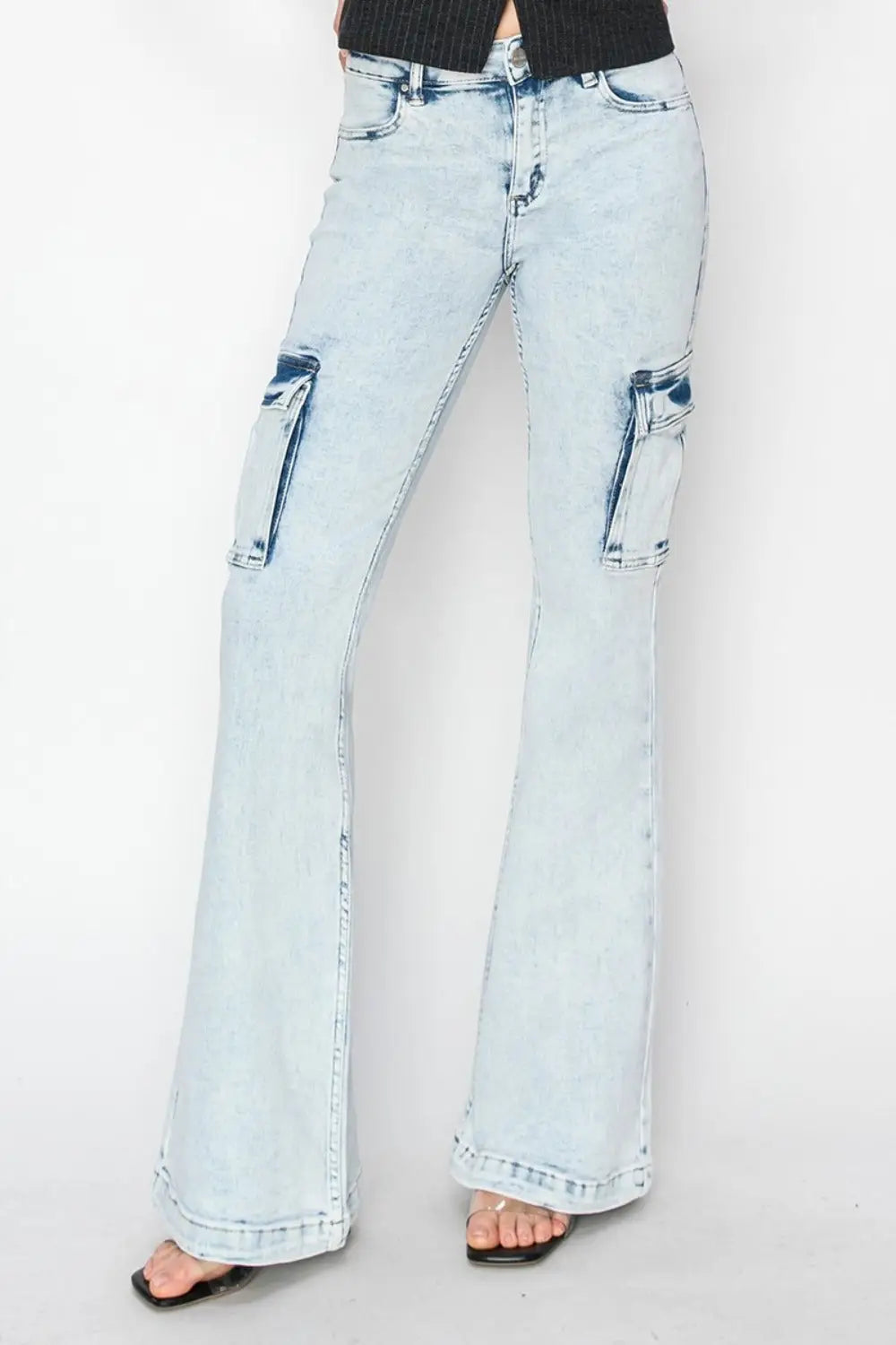 Light wash cargo flare jeans with front pockets from RISEN Full Size High Rise Cargo Flare Jeans