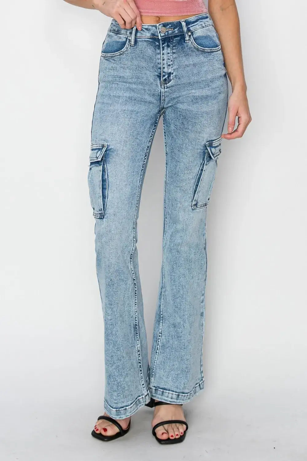 RISEN Light Wash Acid-Wash Cargo Flare Jeans with Side Pockets for Women