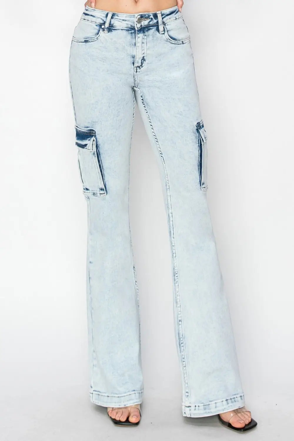 Light wash flare jeans with cargo flare design from RISEN Full Size High Rise Cargo Flare Jeans