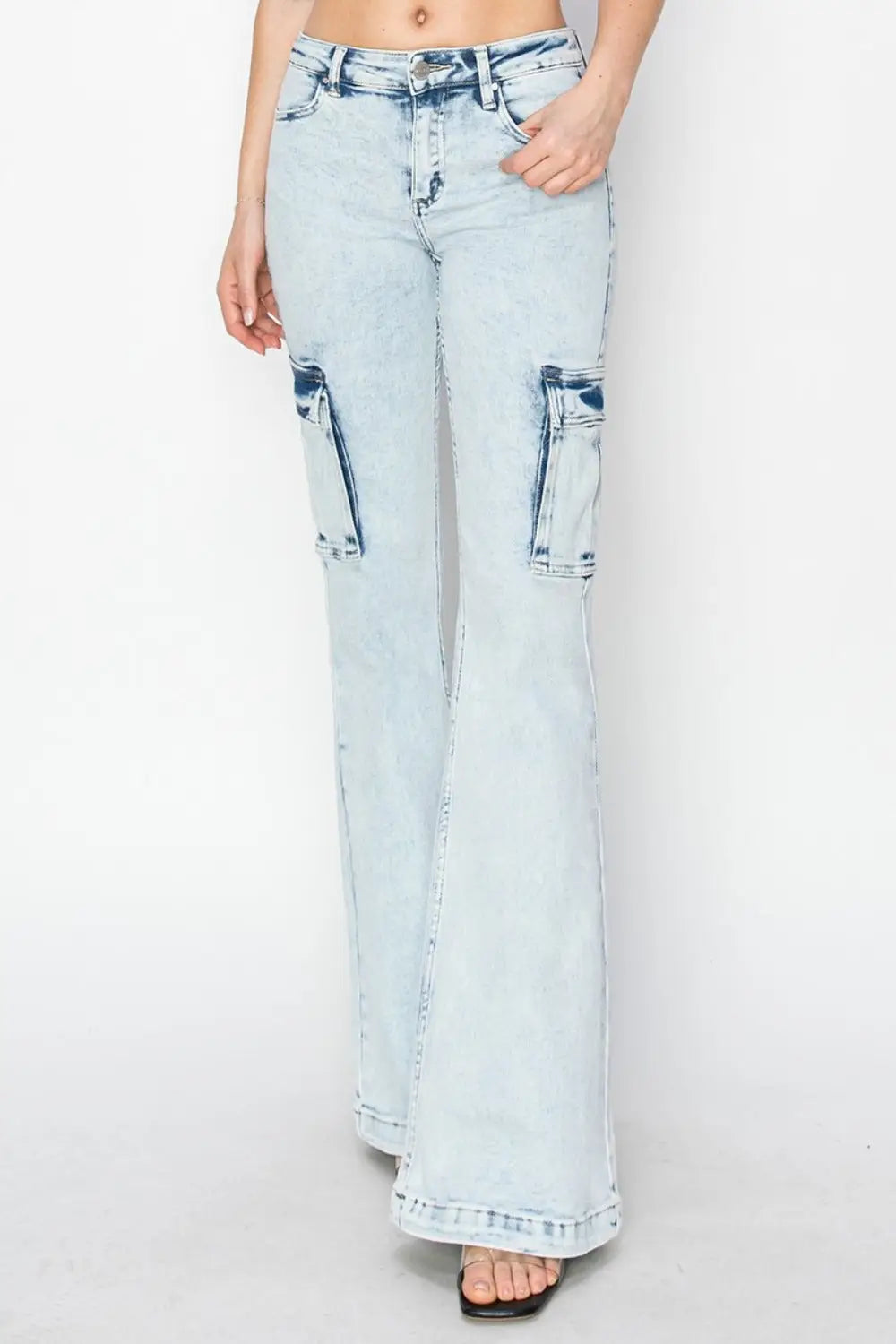 Light wash denim cargo flare jeans from RISEN, high-rise flare cargo jeans for women