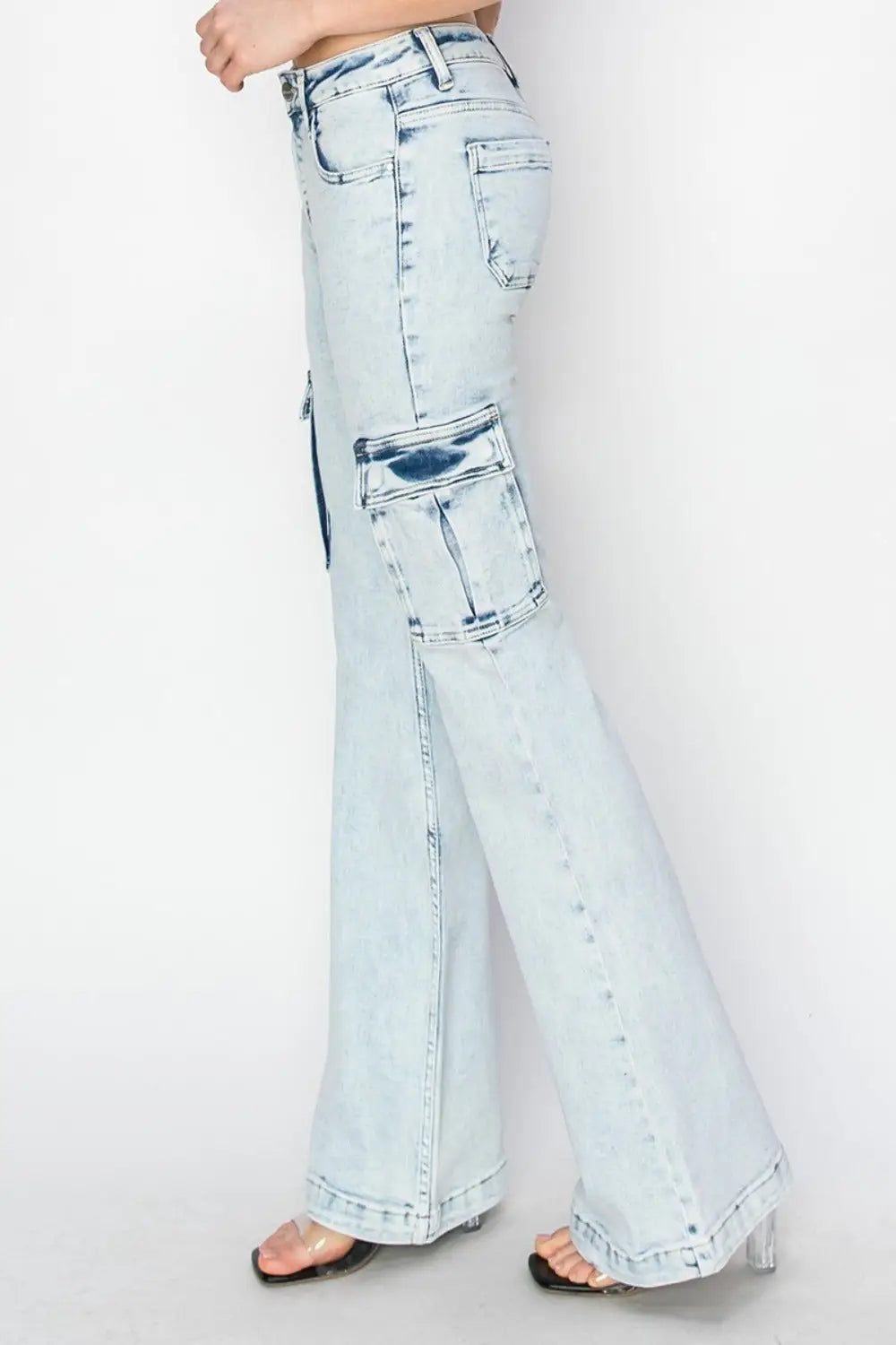 Light wash denim cargo flare jeans from RISEN, high rise flare jeans for a stylish look