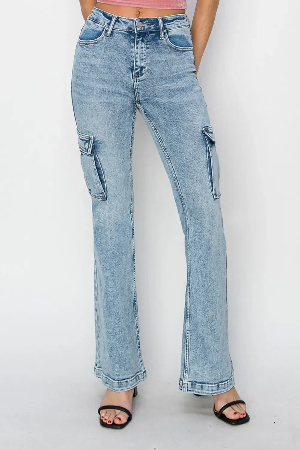 Light blue acid wash cargo flare jeans from RISEN, high rise flare jeans for women