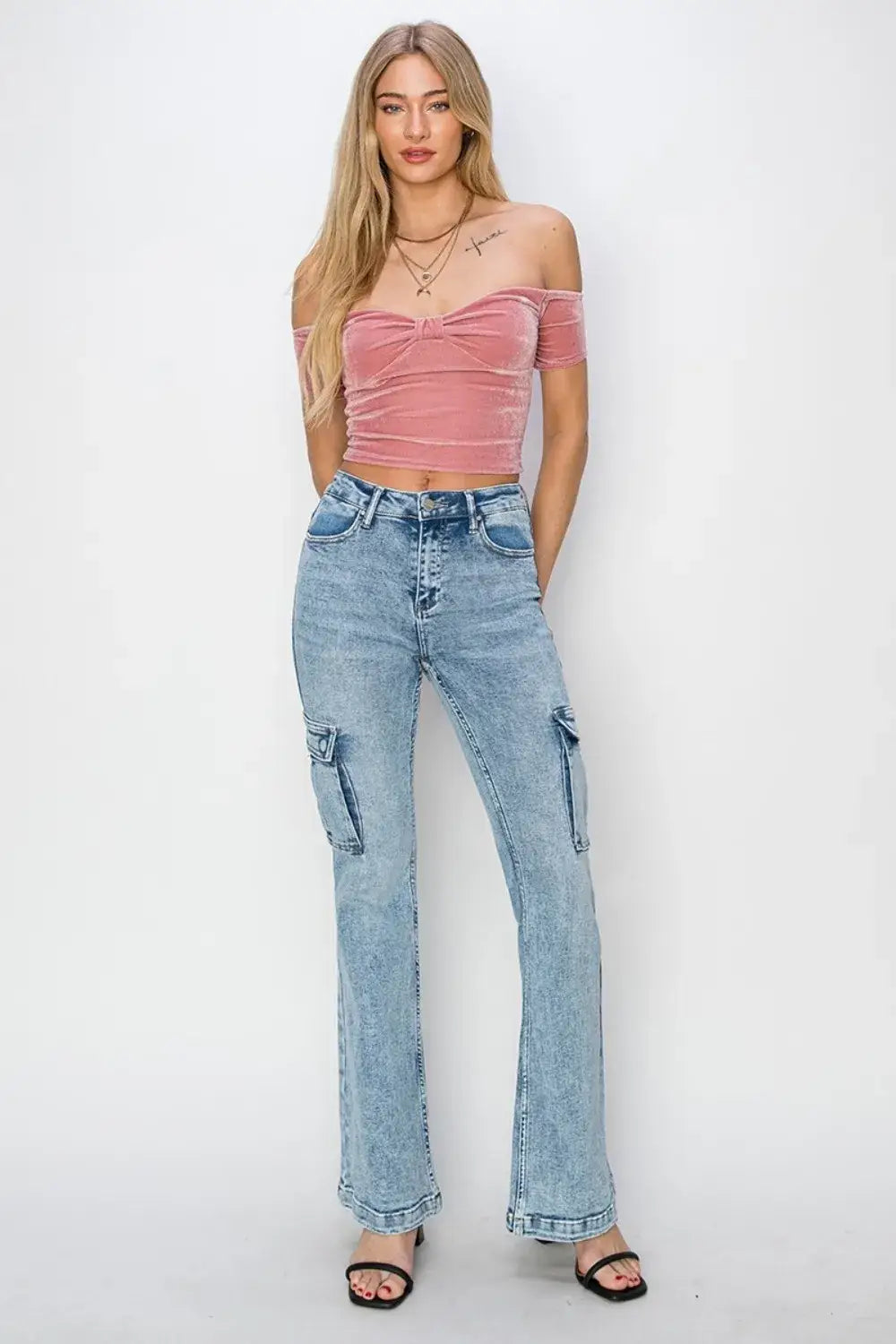 Light wash denim cargo flare jeans from RISEN with high rise and flare style