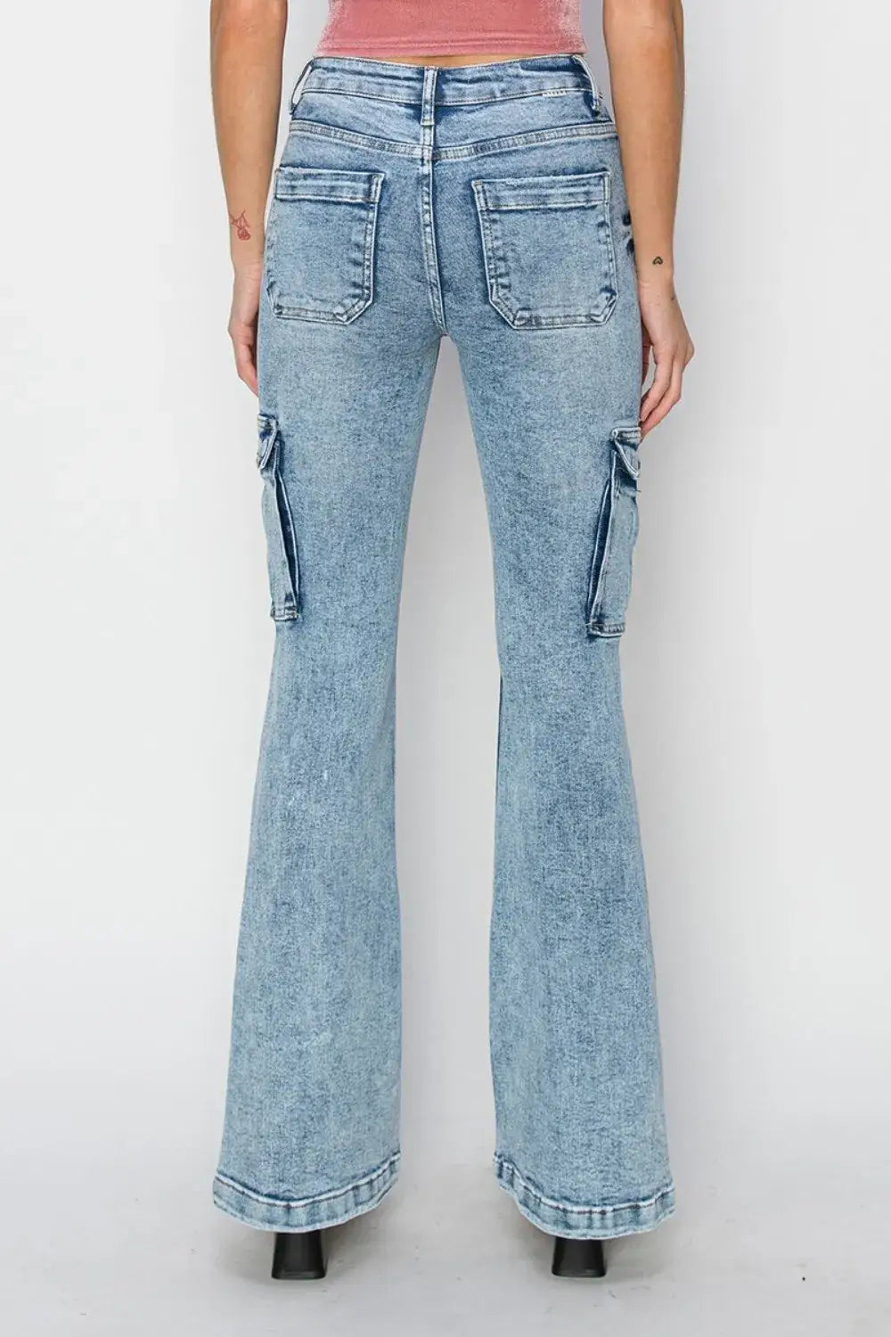 Women’s acid wash flare cargo jeans from RISEN, stylish high-rise cargo flare jeans