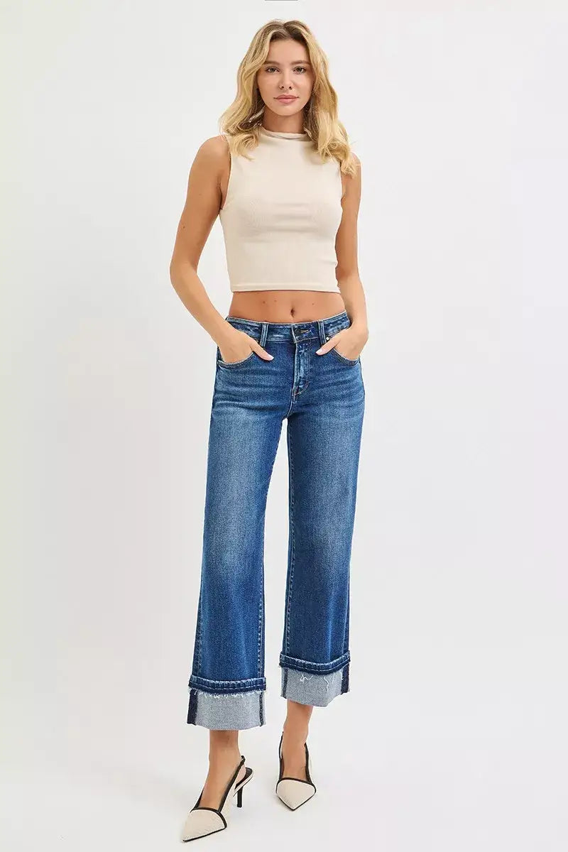 RISEN Mid Rise Ankle Straight Jeans with Cuffed Hem