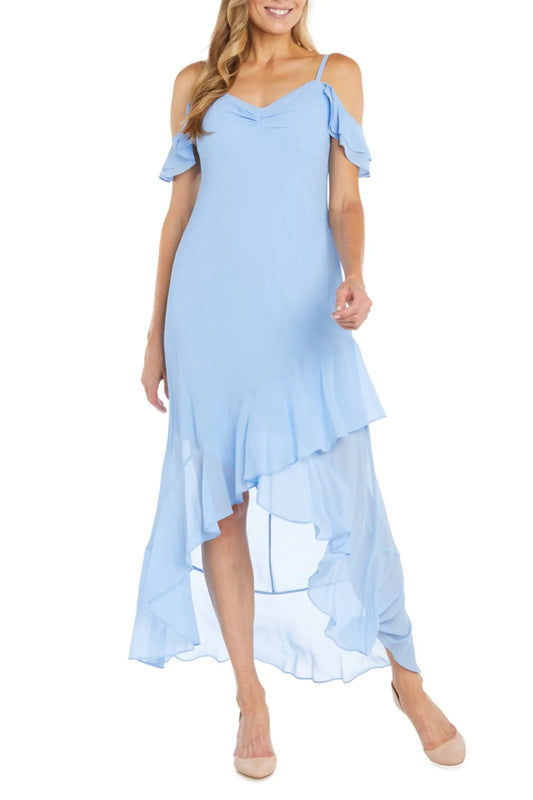 Women’s sky blue cold-shoulder ruffled high-low maxi dress for summer and special occasions