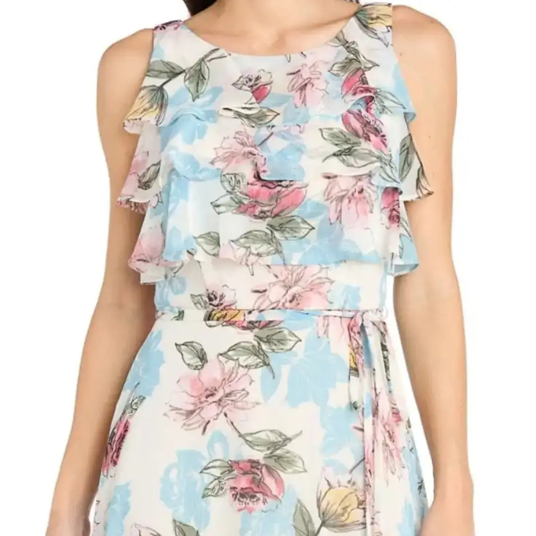 Richards Ivory floral day dress with ruffled tiers and tie waist for summer or spring