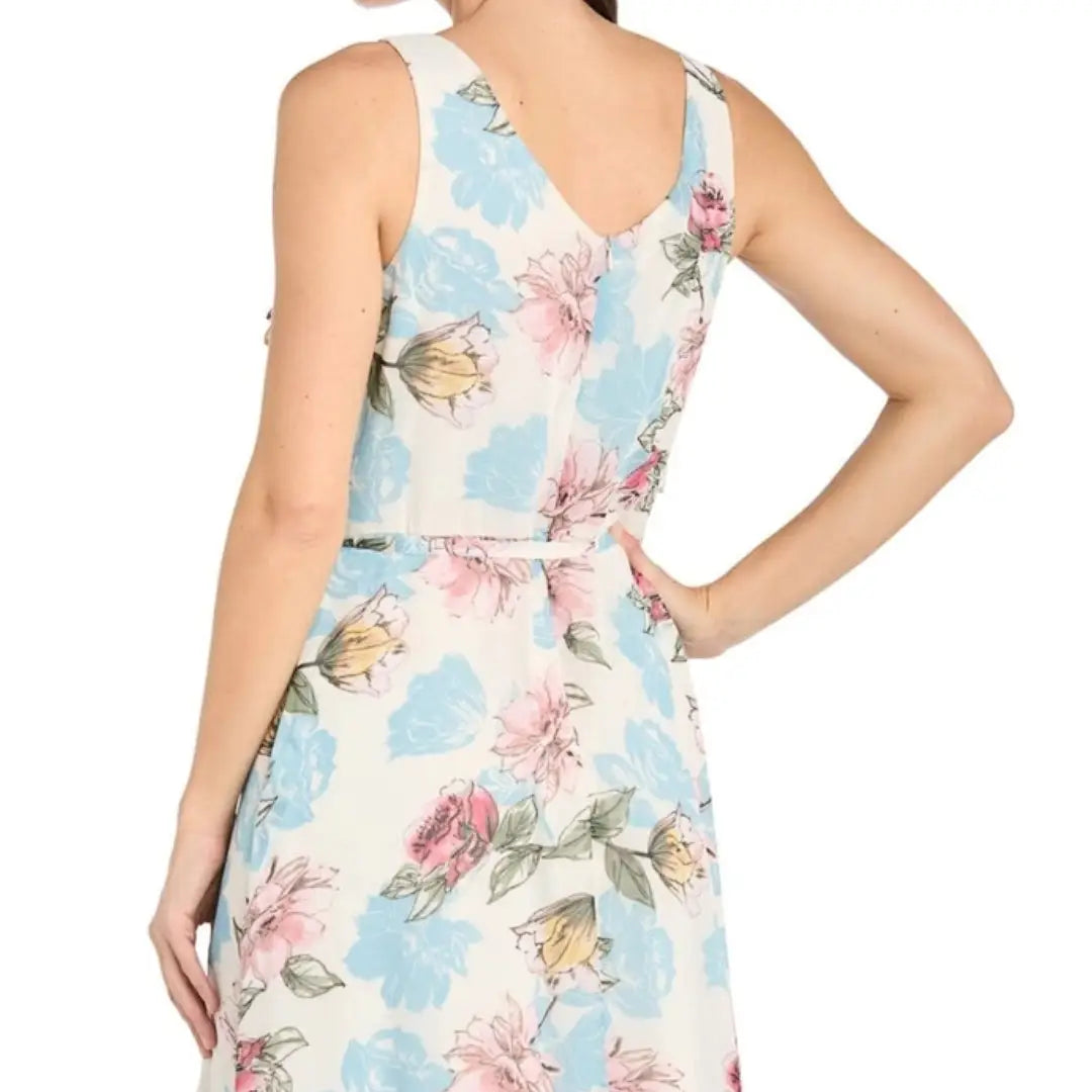 Richards Ivory floral day dress with sleeveless V-neck and cinched waist for summer or spring