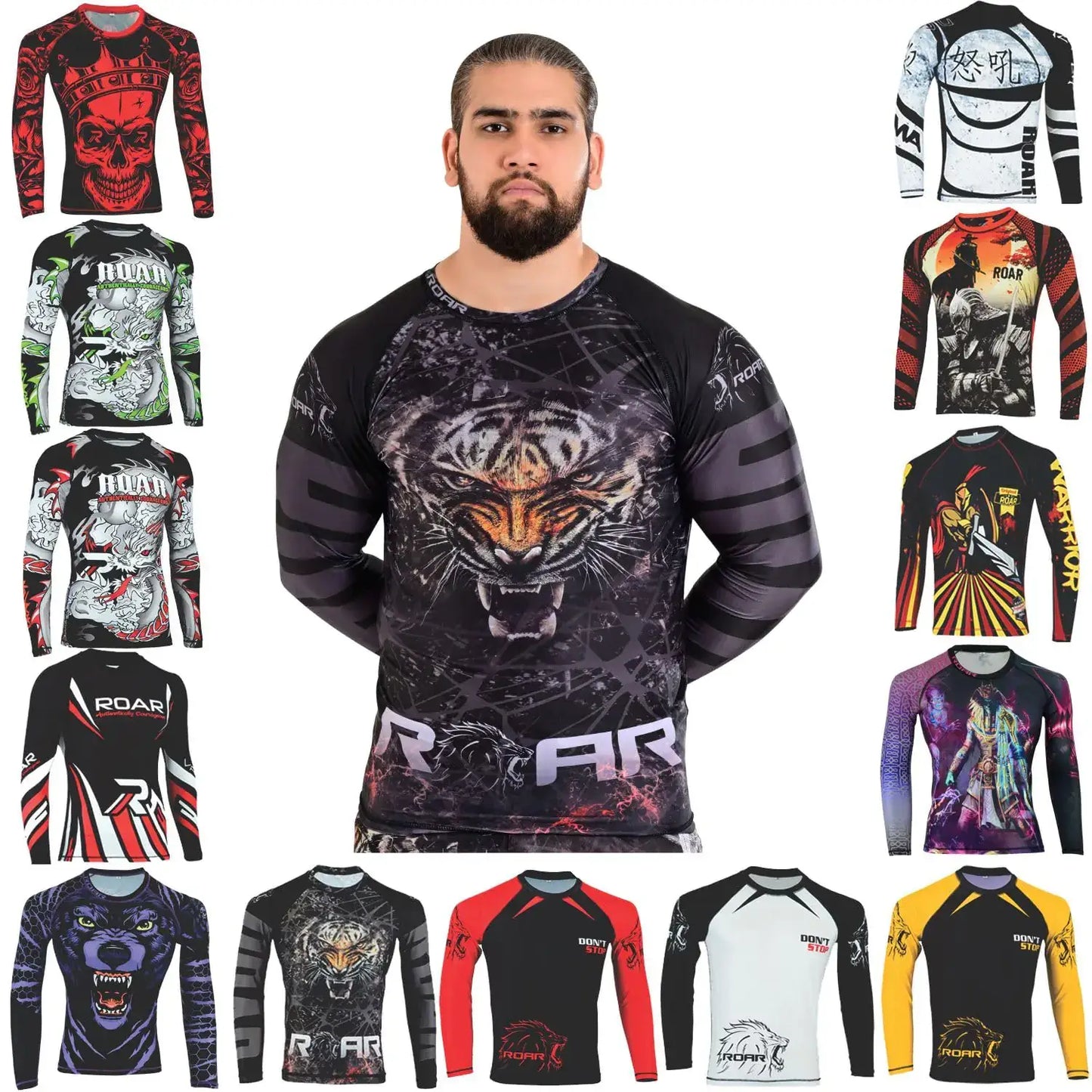 Long-sleeved rash guard display featuring Roar BJJ MMA Grappling Jiu Jitsu training shirts