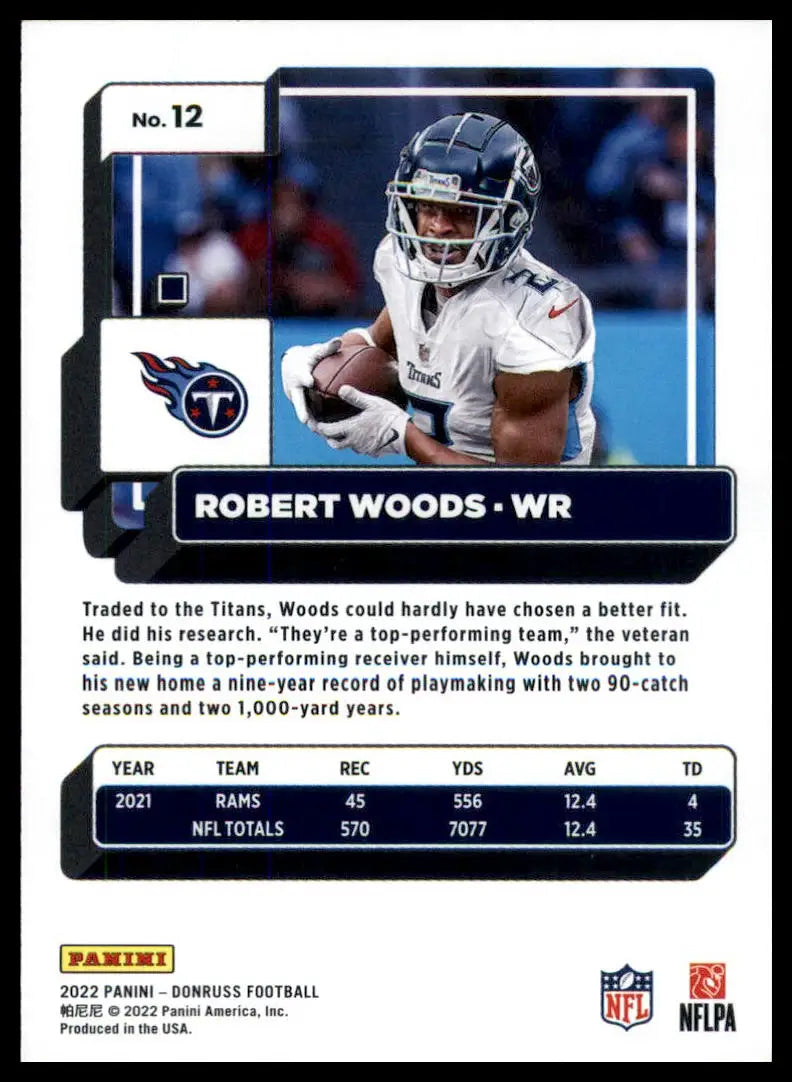 Robert Woods football card from 2022 Donruss Tennessee Titans trading card