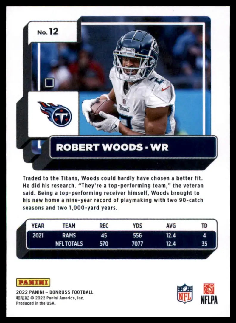 Robert Woods football card from 2022 Donruss Tennessee Titans product