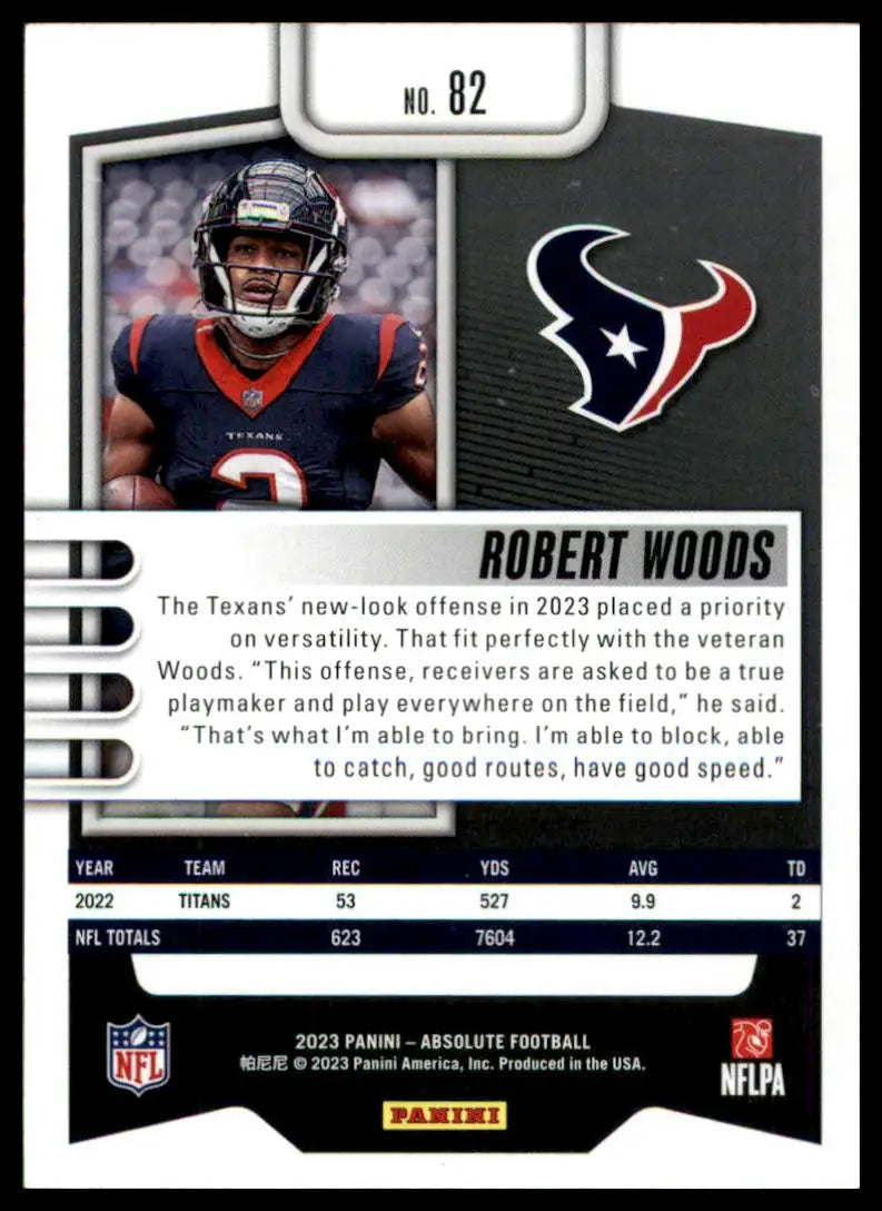 Robert Woods 2023 Panini Absolute football card displayed in Houston Texans product