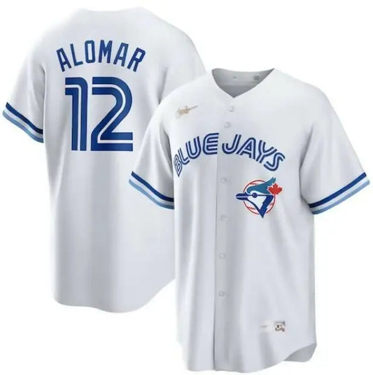 White Toronto Blue Jays Roberto Alomar Nike Home Cooperstown Collection jersey with ALOMAR 12 on back
