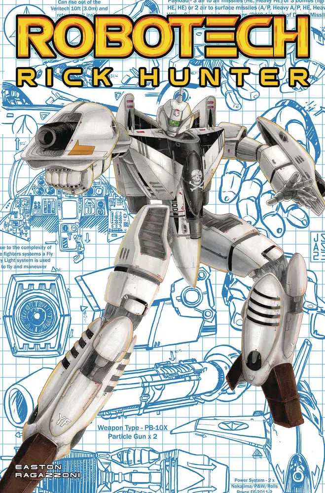 White and gray robotic mecha featured on Robotech Rick Hunter trading cards cover