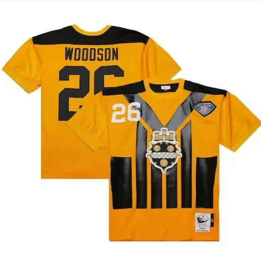 Bright yellow and black Rod Woodson Steelers 1994 throwback jersey with 26 on the back