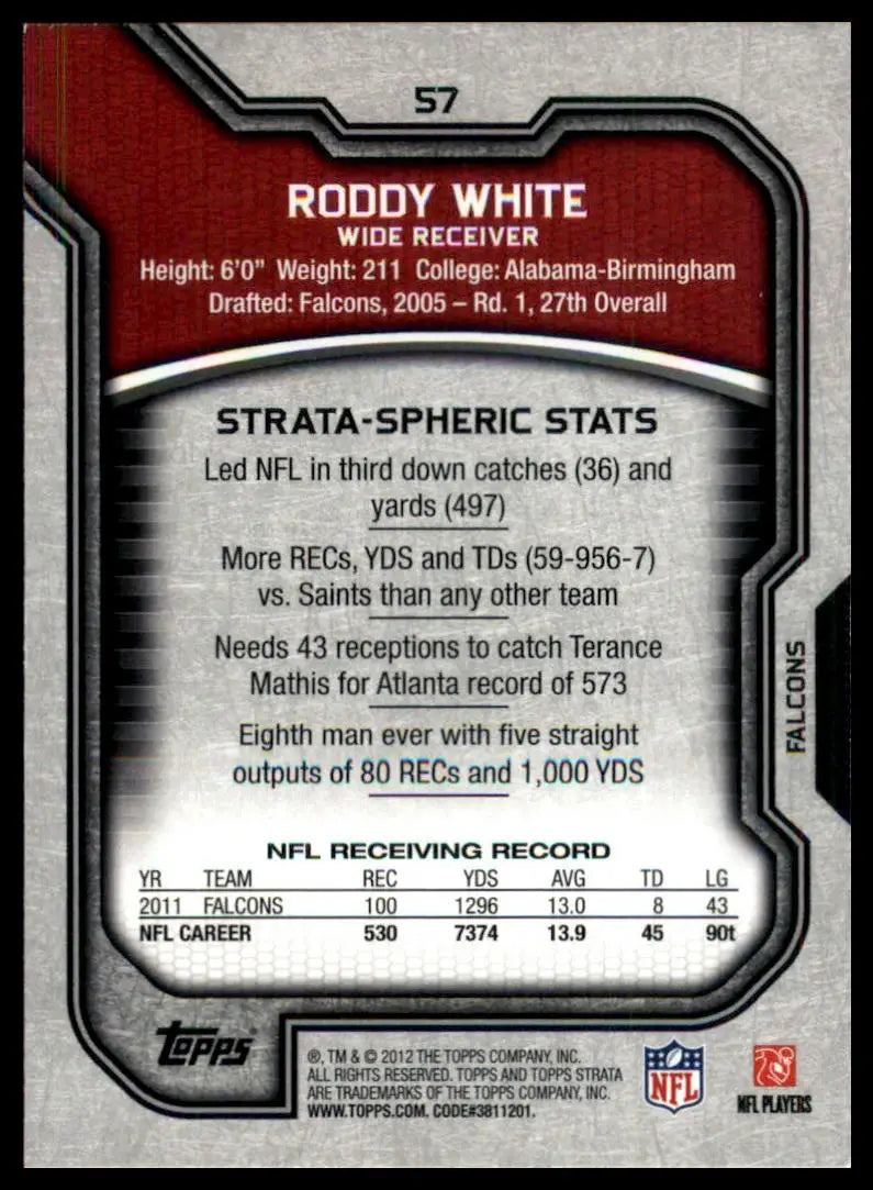 Back of Roddy White 2012 Topps Strata NFL trading card Atlanta Falcons