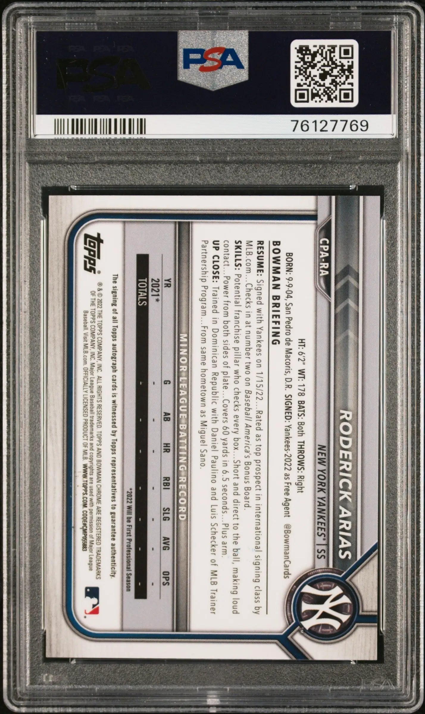 Graded Roderick Arias Bowman Chrome Prospect Auto Purple Refractor card PSA 8